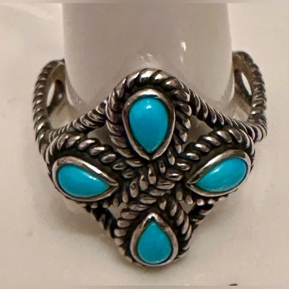 Sterling Silver Ring (R925) with Turquoise Colored Stones Size 10 - Picture 6 of 6